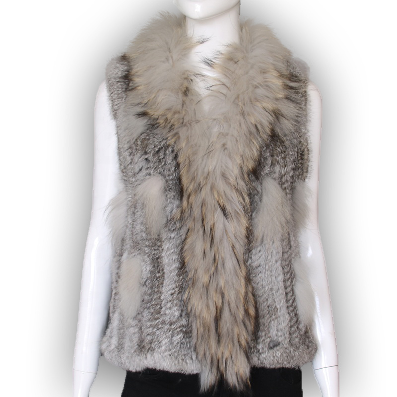 Handmade real fur knitted vests soft rabbit fur raccoon fur trim women waistcoat