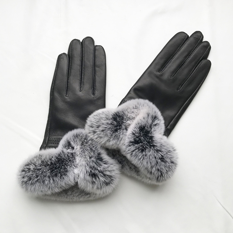 Wholesale Women Fashion Leather Mitten Real Rex Rabbit Fur Trim Gloves Lady Winter Fur Gloves