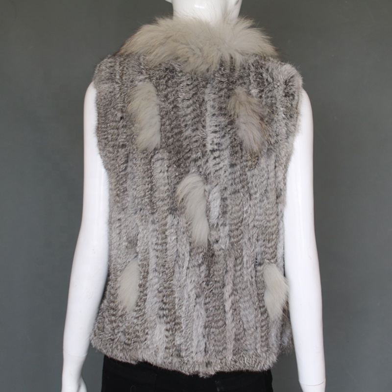 Handmade real fur knitted vests soft rabbit fur raccoon fur trim women waistcoat