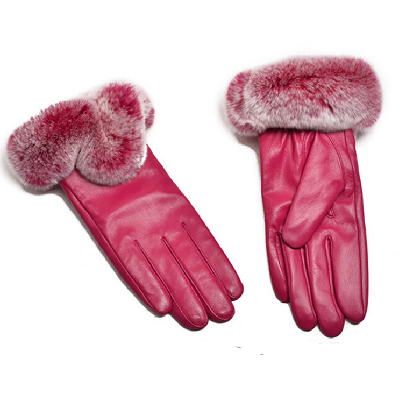 Wholesale Women Fashion Leather Mitten Real Rex Rabbit Fur Trim Gloves Lady Winter Fur Gloves