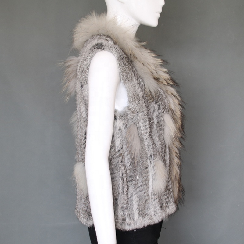 Handmade real fur knitted vests soft rabbit fur raccoon fur trim women waistcoat