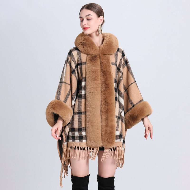 HOT SALE YARN DYED PLAID WOOL BLENDED HOODIE FAUX FUR TRIM KNIT PONCHOS FOR WOMEN CAPE