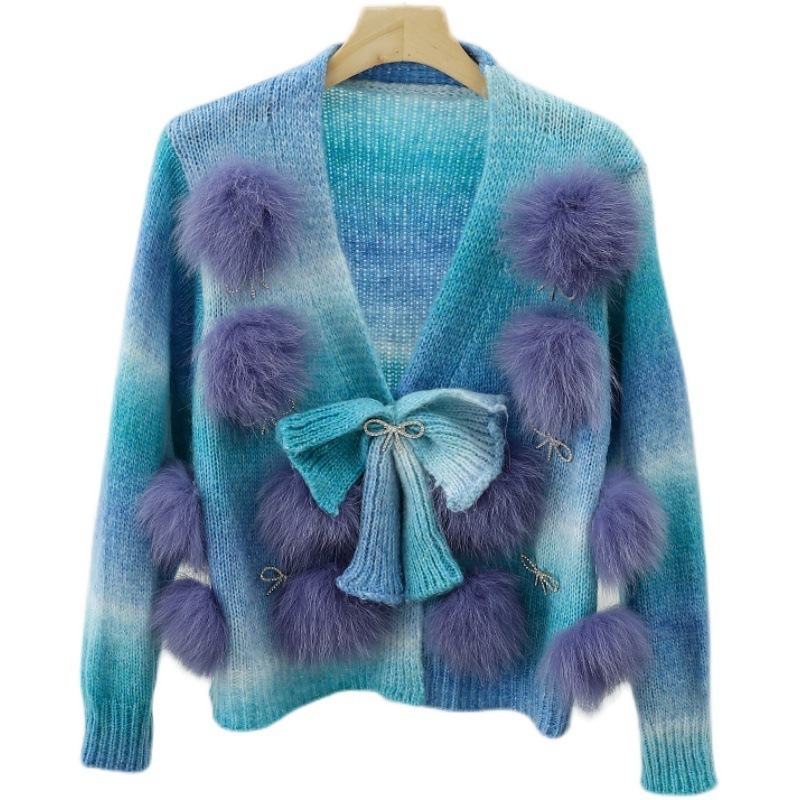 Women real fox fur pompom cardigan Spring fashion knitted sweater with bowknot custom logo wool blend tops with fur ball