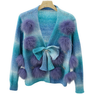 Women real fox fur pompom cardigan Spring fashion knitted sweater with bowknot custom logo wool blend tops with fur ball