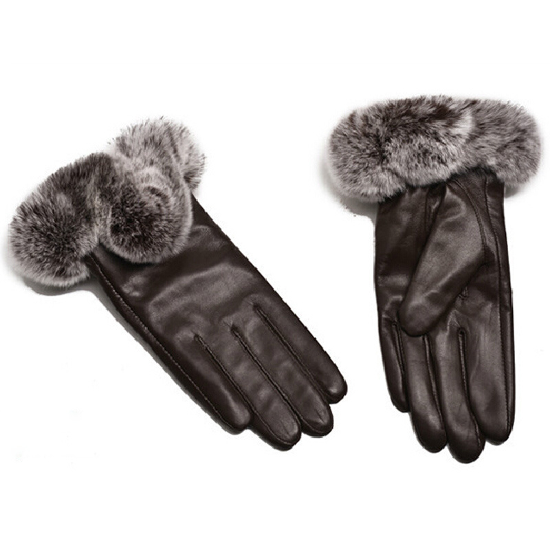 Wholesale Women Fashion Leather Mitten Real Rex Rabbit Fur Trim Gloves Lady Winter Fur Gloves