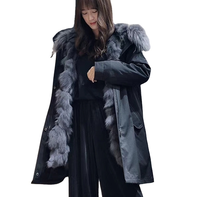 Modern adult fur jacket women fox fur parka raccoon fur trim coat