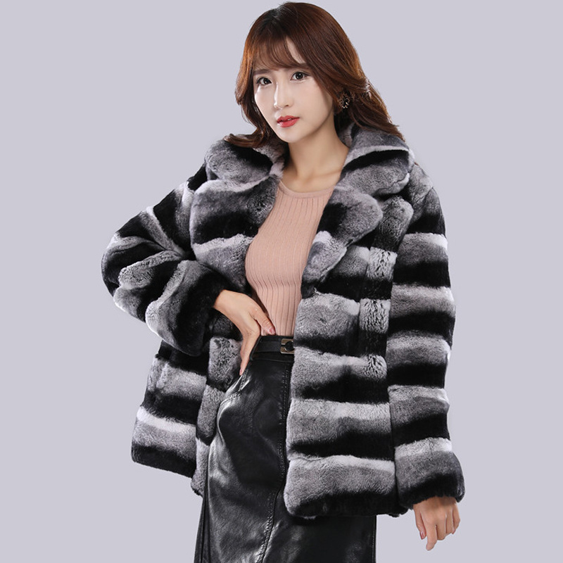 Short style real rex rabbit fur jacket women winter warm fur coats custom logo dyed chinchilla fur coat with turn down collar