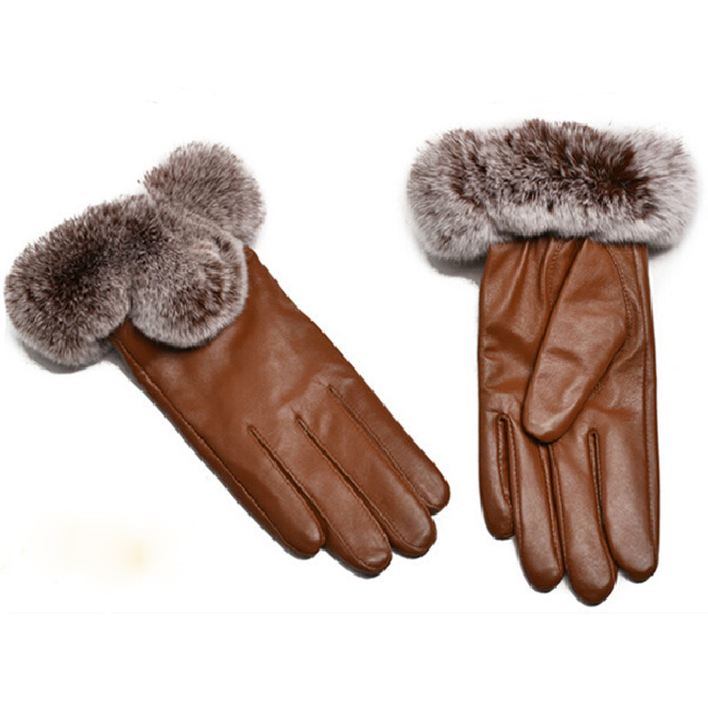 Wholesale Women Fashion Leather Mitten Real Rex Rabbit Fur Trim Gloves Lady Winter Fur Gloves