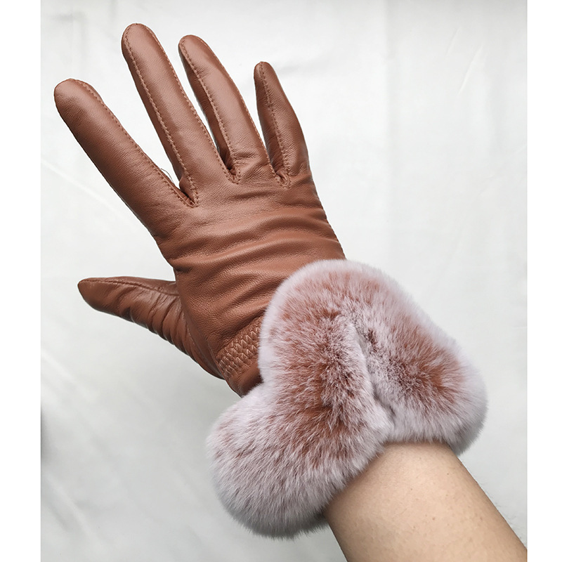 Wholesale Women Fashion Leather Mitten Real Rex Rabbit Fur Trim Gloves Lady Winter Fur Gloves