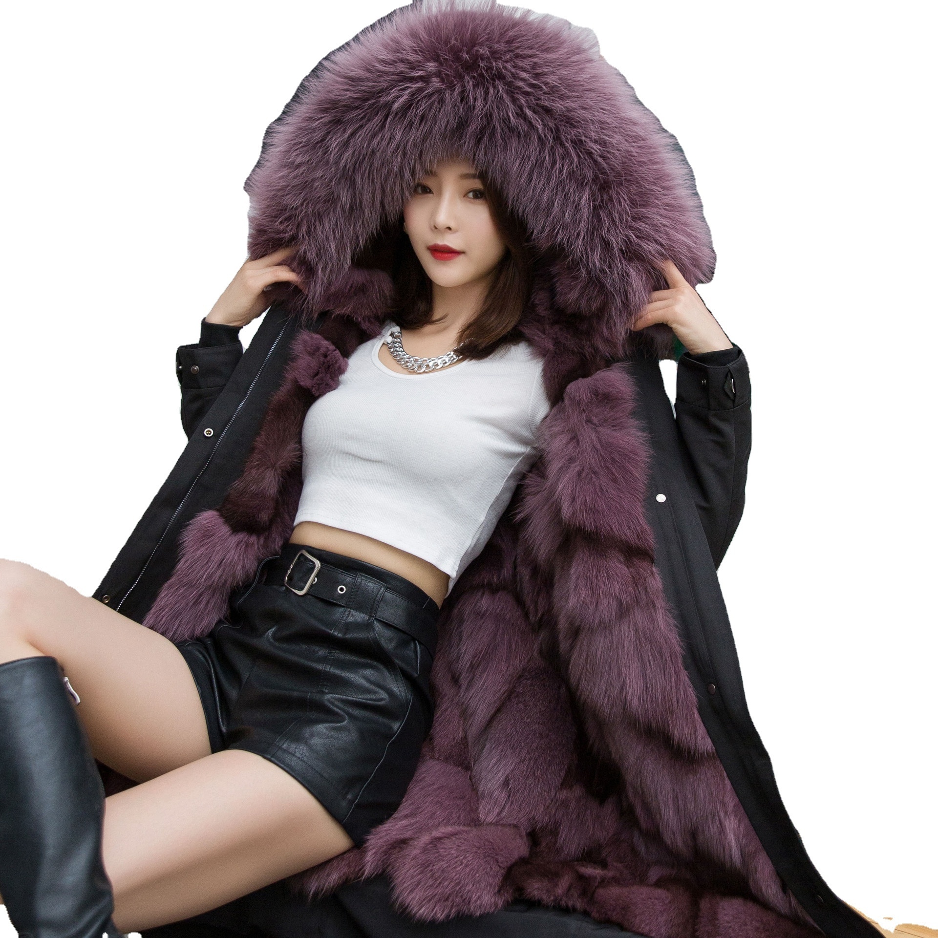 Modern adult fur jacket women fox fur parka raccoon fur trim coat