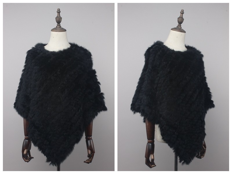 Rabbit fur knitted shawl Winter warm hand made genuine fur shawl triangular style women fur capes