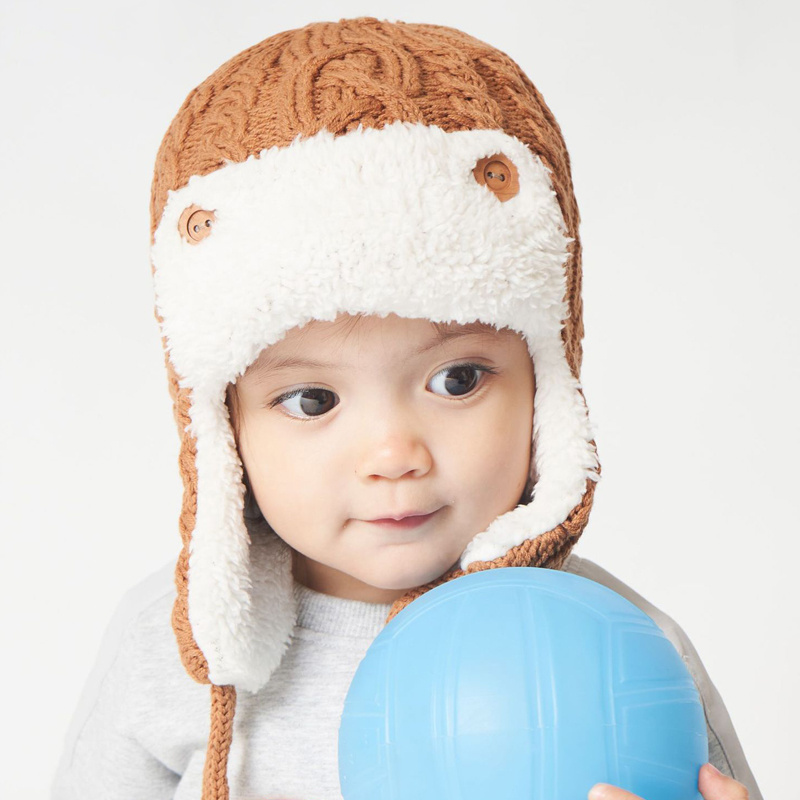 New design baby kids ear flap winter knitted hats solid color children helmet hats with fleece