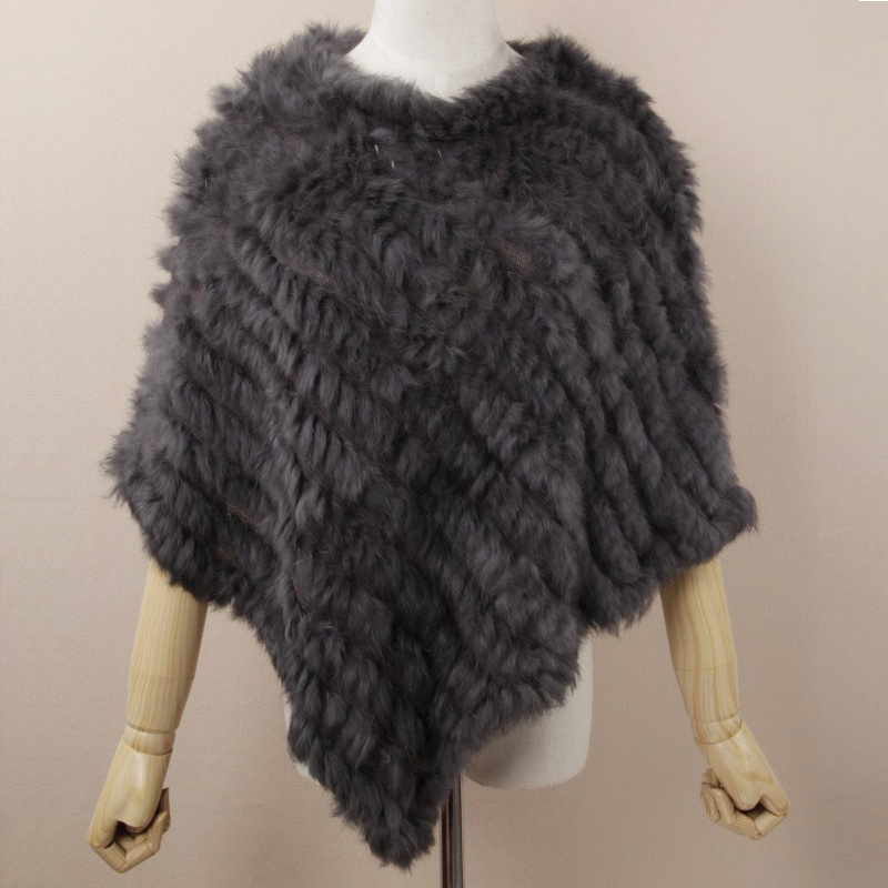 Rabbit fur knitted shawl Winter warm hand made genuine fur shawl triangular style women fur capes