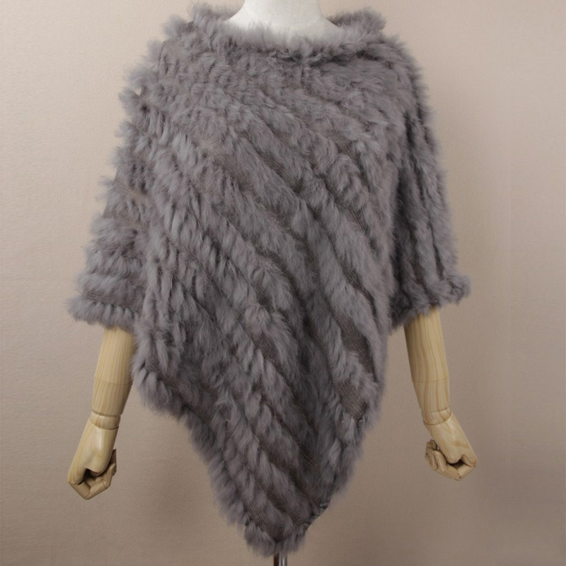 Rabbit fur knitted shawl Winter warm hand made genuine fur shawl triangular style women fur capes