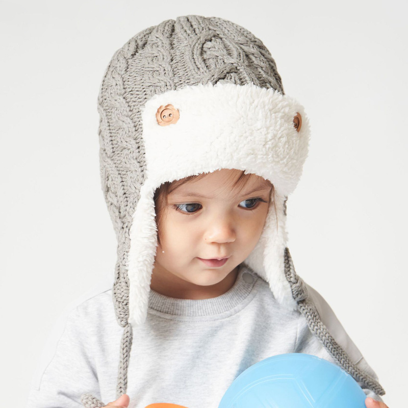 New design baby kids ear flap winter knitted hats solid color children helmet hats with fleece