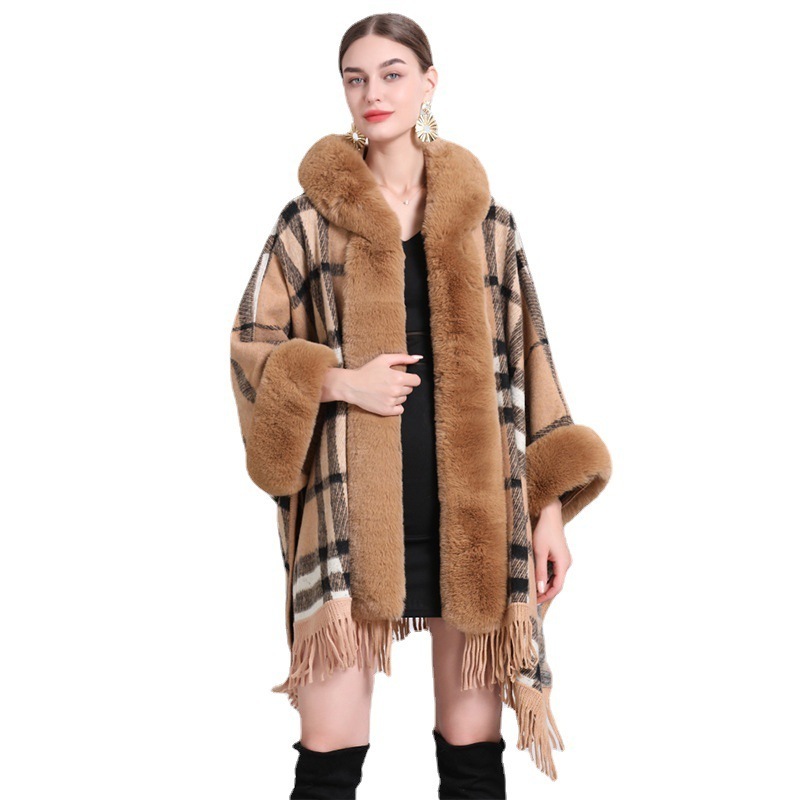 HOT SALE YARN DYED PLAID WOOL BLENDED HOODIE FAUX FUR TRIM KNIT PONCHOS FOR WOMEN CAPE