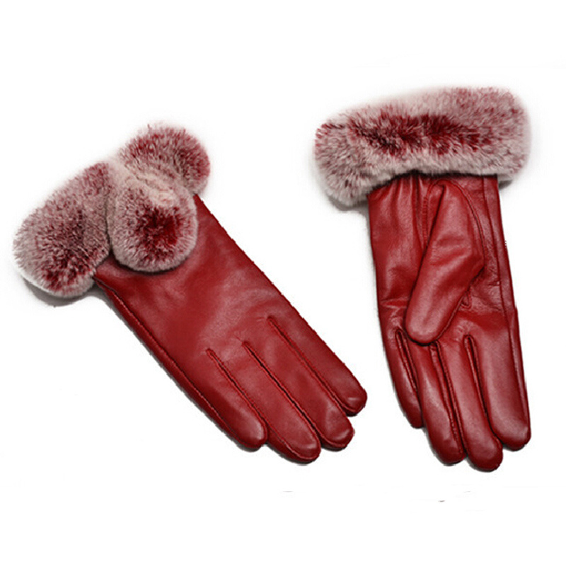 Wholesale Women Fashion Leather Mitten Real Rex Rabbit Fur Trim Gloves Lady Winter Fur Gloves