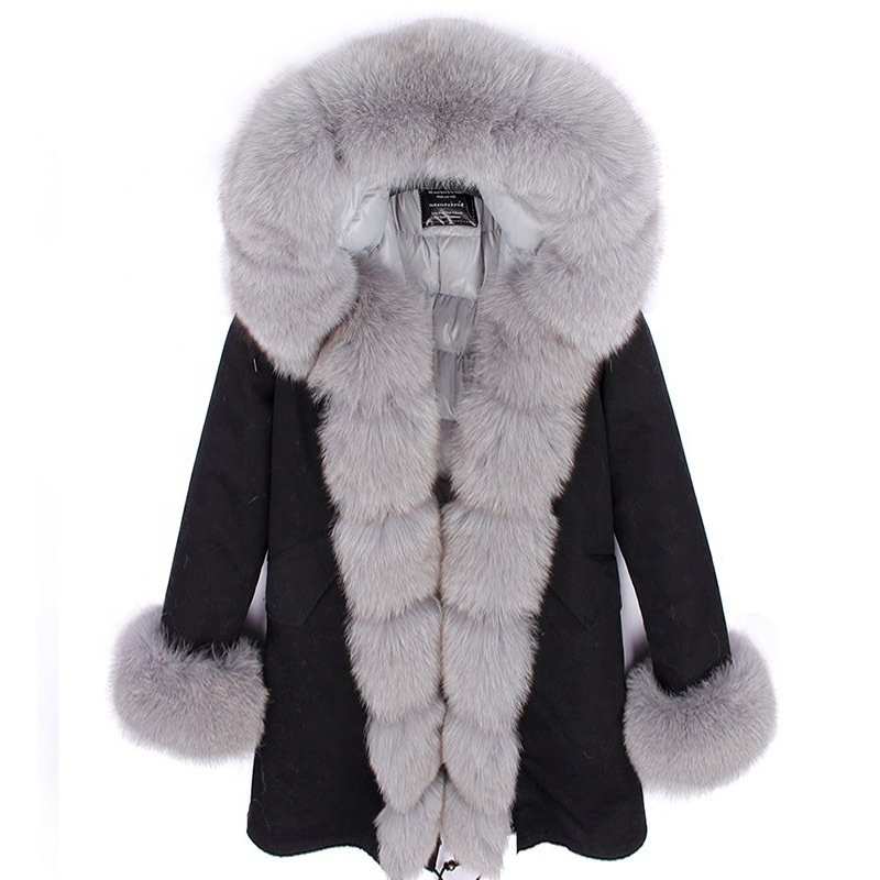 Real fox fur parka luxury fur style men women down jacket with big fur