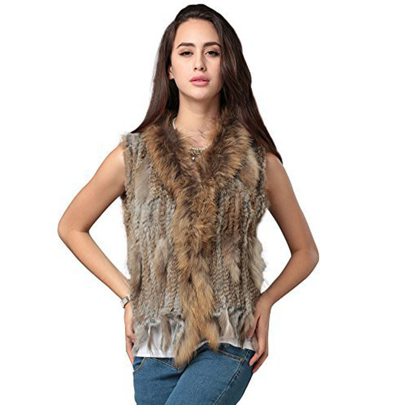 Handmade real fur knitted vests soft rabbit fur raccoon fur trim women waistcoat