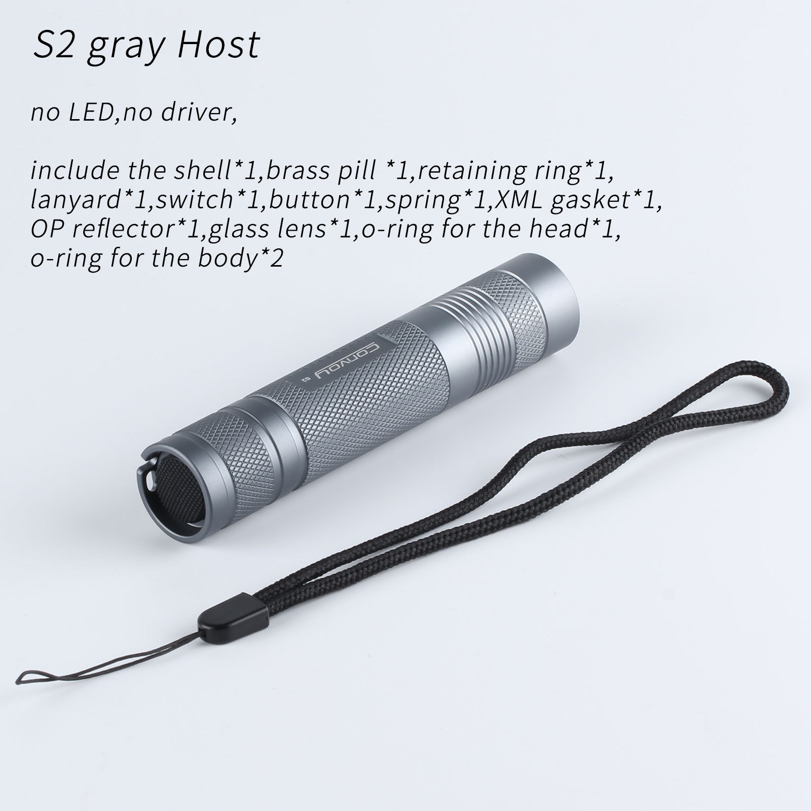 Convoy S2 flashlight host ,include OP reflector,pill,head O ring,glass,spring,lanyard