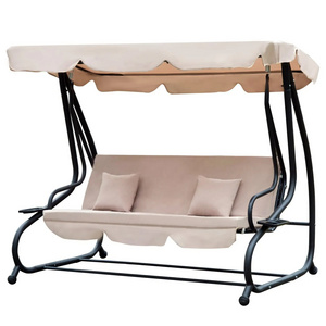 Light Brown Garden 3 Seat Outdoor Patio Free Standing Covered Swing Bench with Comfortable Cushioned Fabric Canopy