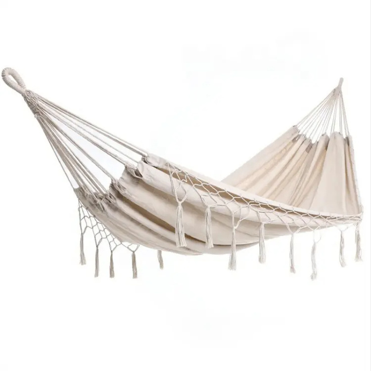 Multi Use Durable Hanging Hammock Swing Macrame Garden Rope Hammock with Handmade Elegant Tassels for Patio, Yard, Beach