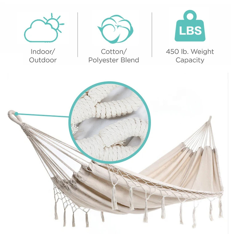 Multi Use Durable Hanging Hammock Swing Macrame Garden Rope Hammock with Handmade Elegant Tassels for Patio, Yard, Beach