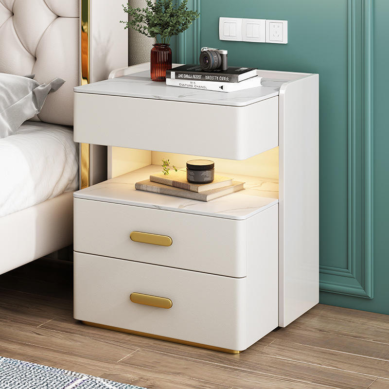 Modern Multifunctional Nightstand Bedroom Minimalist LED light With Fingerprint Lock beside Table