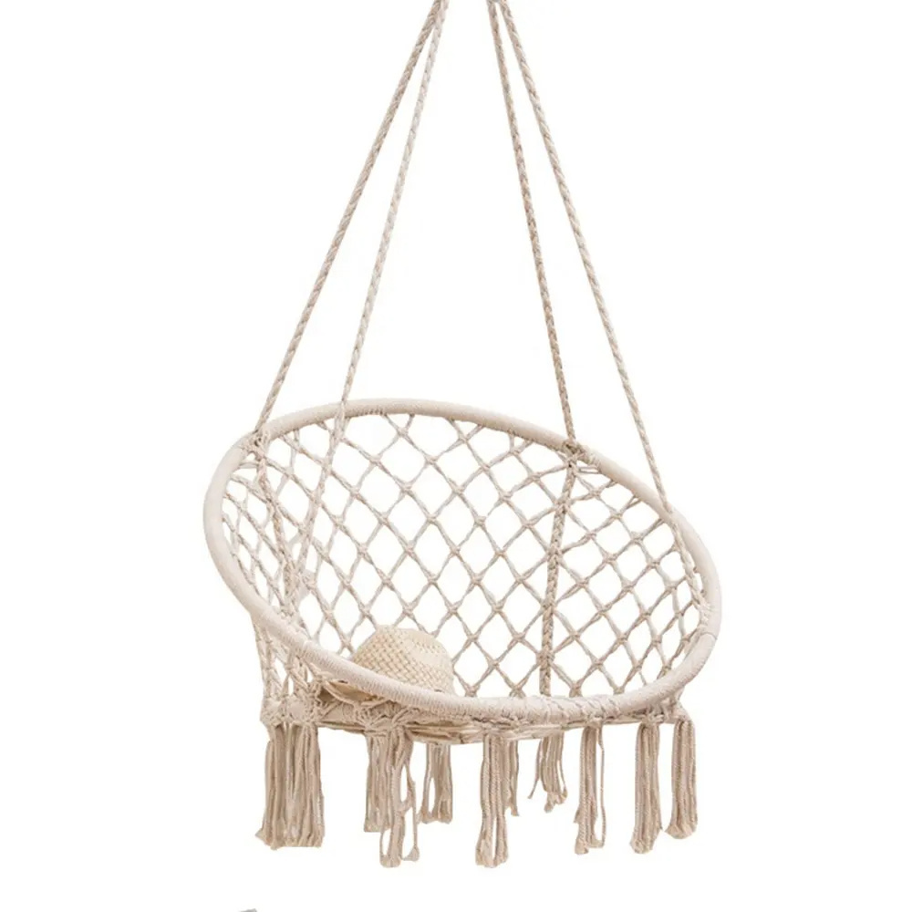 Hammock Chair Macrame Swing with Cushion and Hanging Hardware Kits, Handmade Knitted Mesh Rope Swing Chair for Indoor, Outdoor