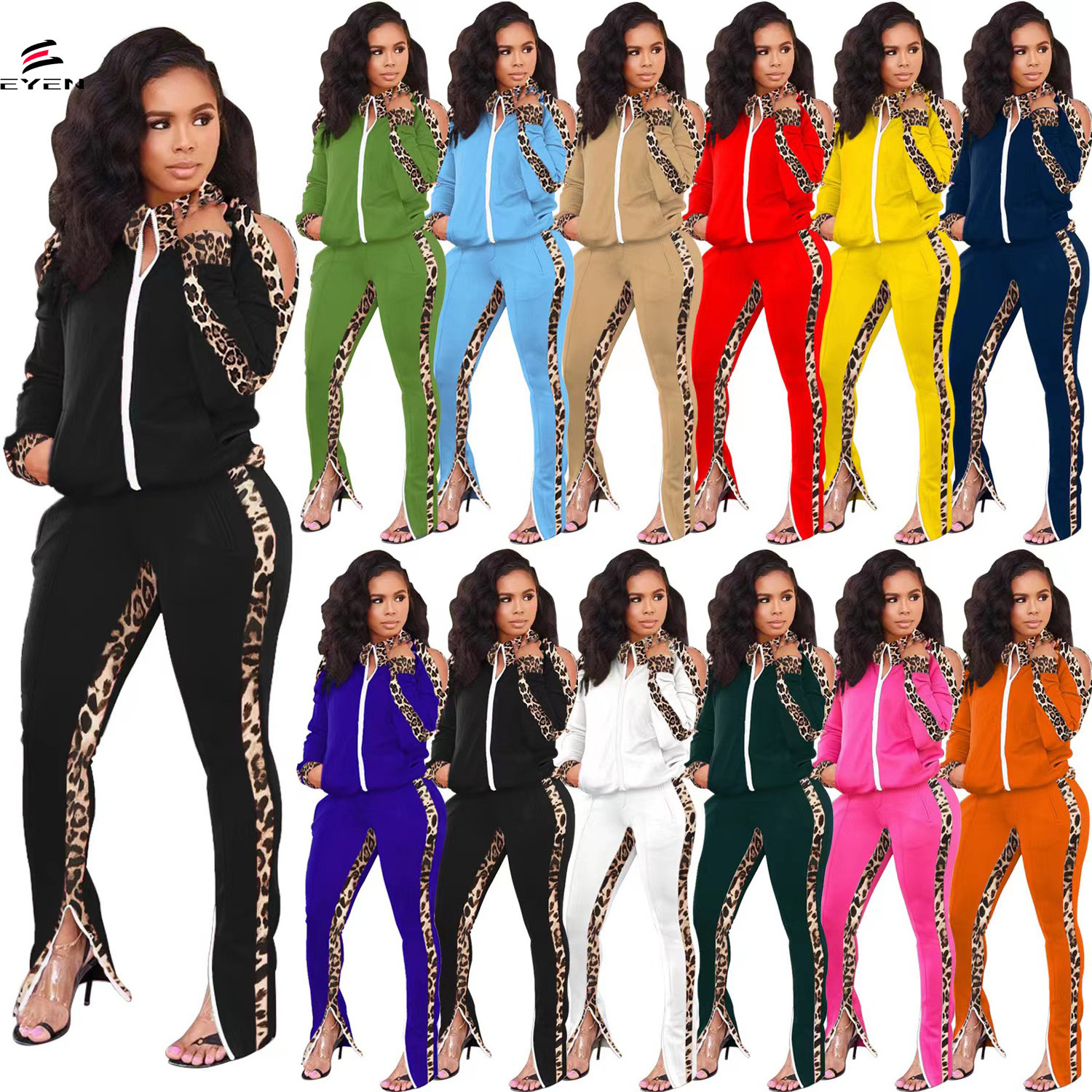 Conyson New Trendy Women Leopard Print Splicing Design Contrast Colors Tracksuits Off-the-shoulder Sweatsuit Women 2 Piece Set