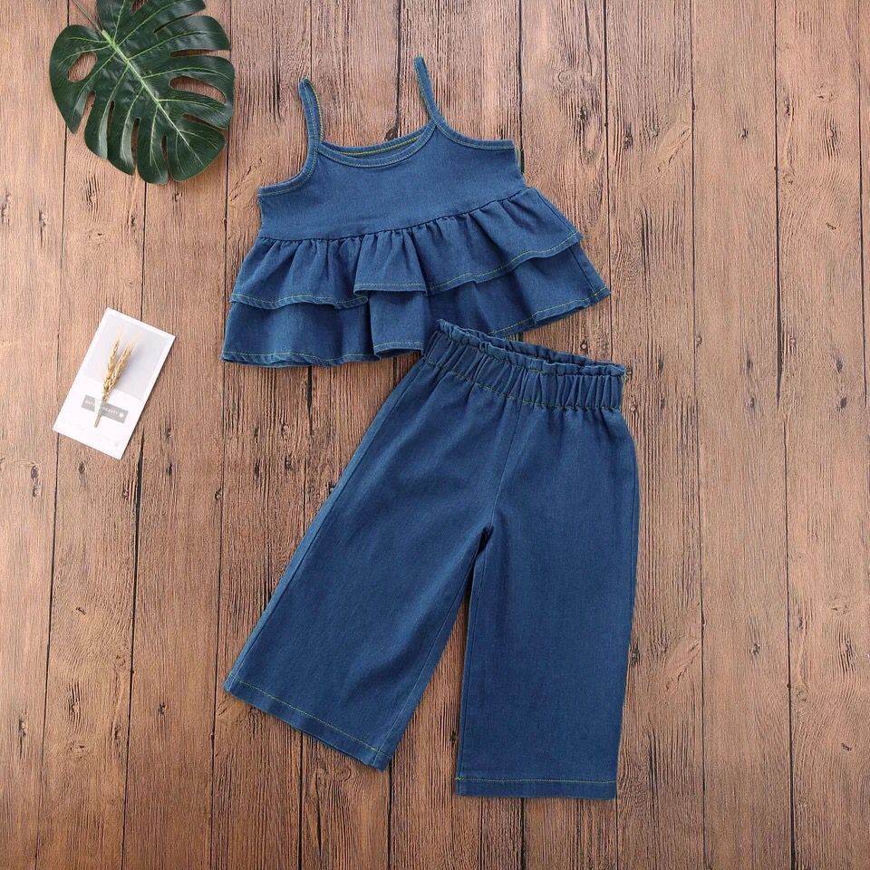 Conyson Summer Girls' Clothing Sets Korean Denim Suspender Jacket Top+Wide Leg Pants two pieces Casual Kids Clothes