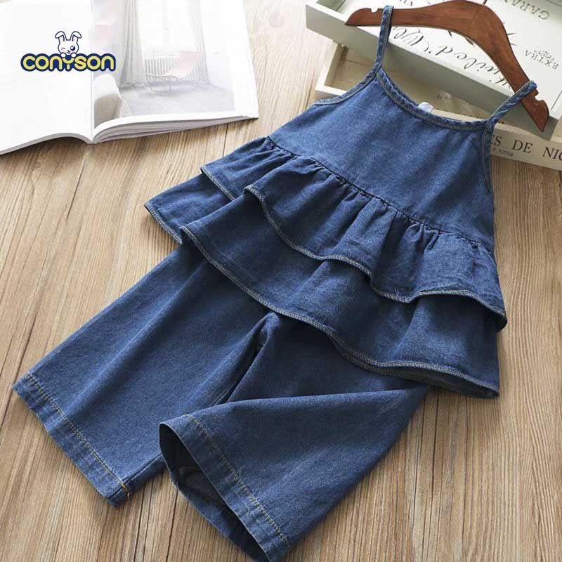 Conyson Summer Girls' Clothing Sets Korean Denim Suspender Jacket Top+Wide Leg Pants two pieces Casual Kids Clothes