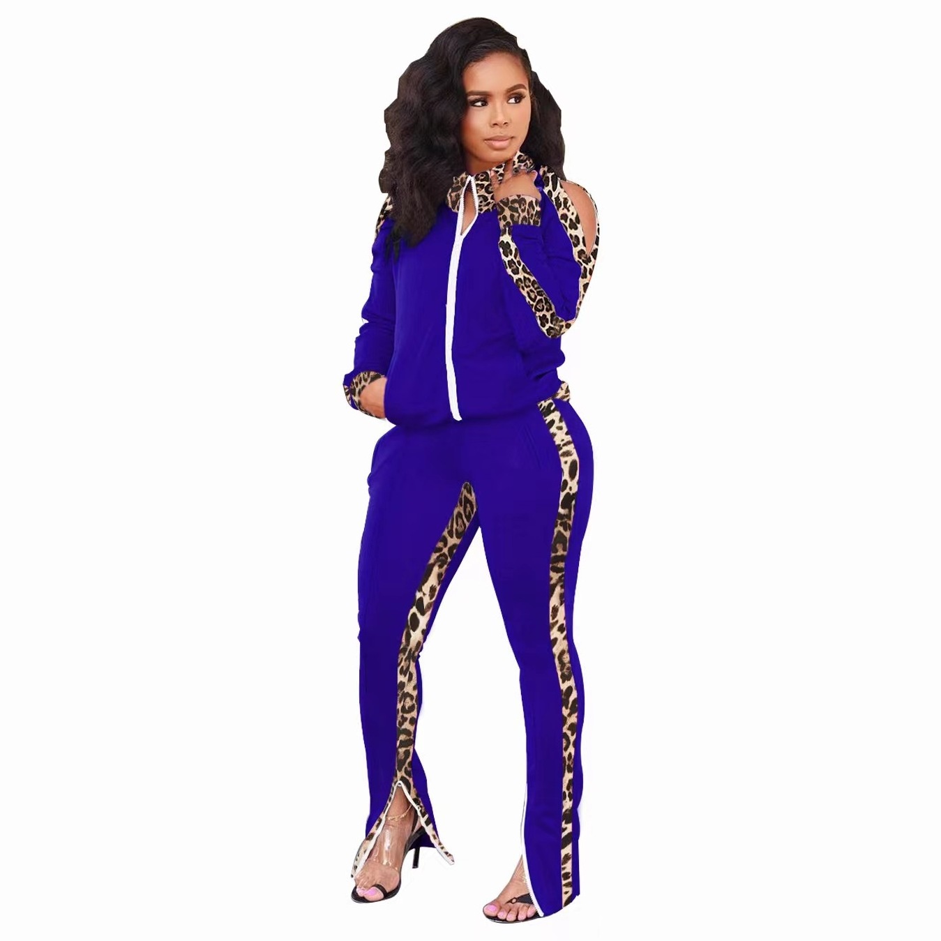 Conyson New Trendy Women Leopard Print Splicing Design Contrast Colors Tracksuits Off-the-shoulder Sweatsuit Women 2 Piece Set