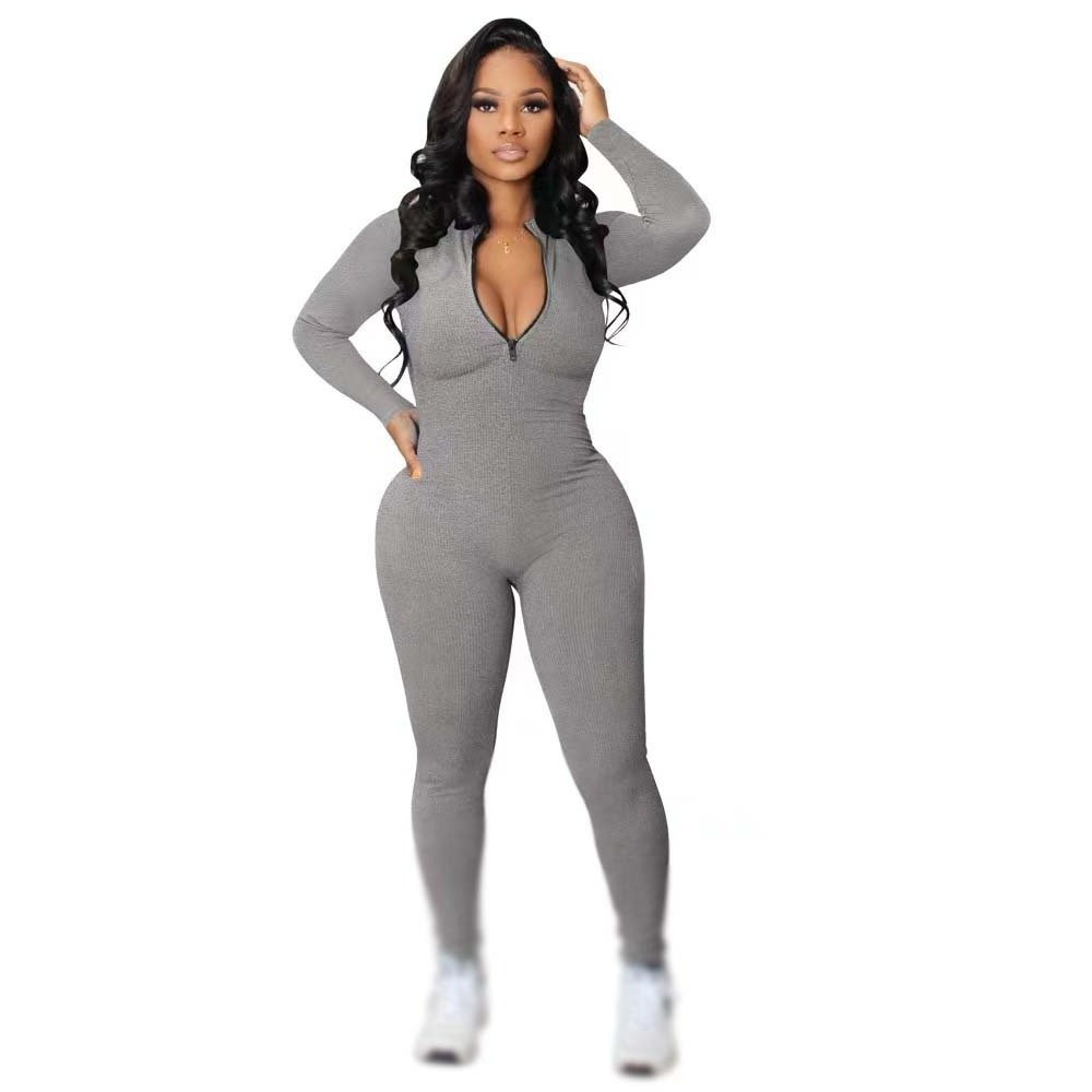 Conyson Hot Selling Custom Logo Fall Solid Long Sleeve Polyester Zipper Women Ladies Wear New Style One Piece Bodycon Jumpsuit