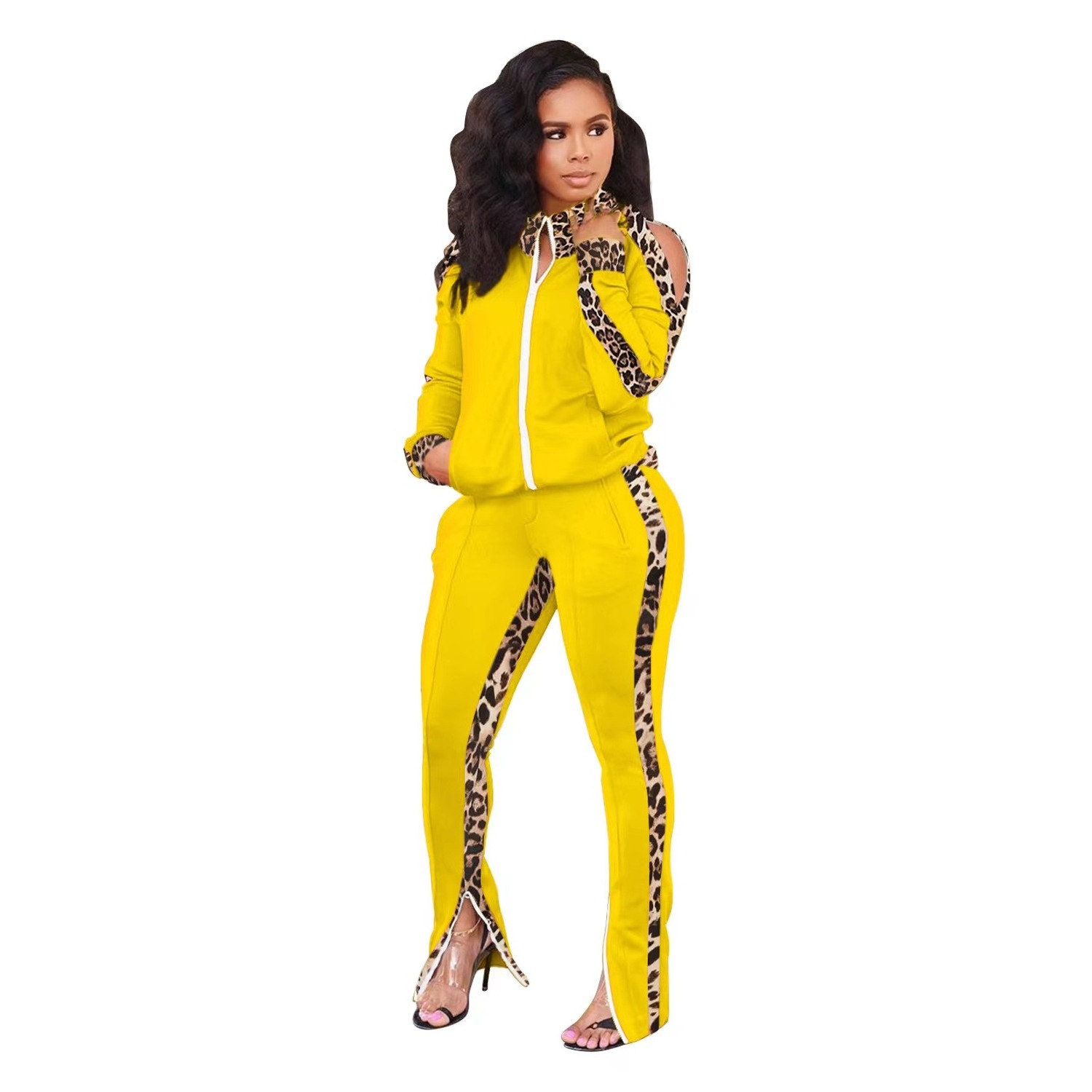 Conyson New Trendy Women Leopard Print Splicing Design Contrast Colors Tracksuits Off-the-shoulder Sweatsuit Women 2 Piece Set