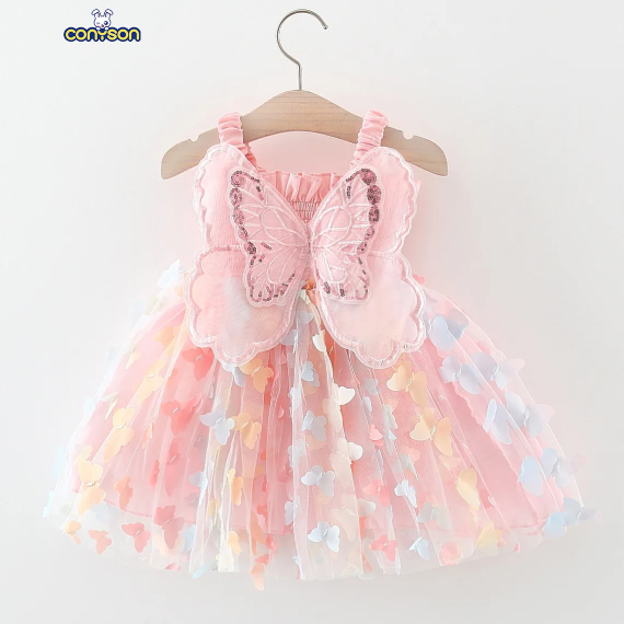 Conyson 2024 Baby Girl Party Princess Dress Summer Toddler 3d Fairy Butterfly Wings Hanging Strap Mesh Cute Fashion Dress