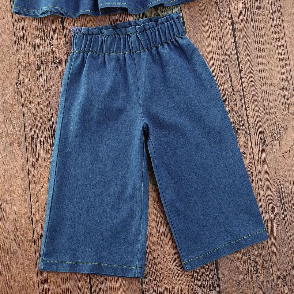 Conyson Summer Girls' Clothing Sets Korean Denim Suspender Jacket Top+Wide Leg Pants two pieces Casual Kids Clothes