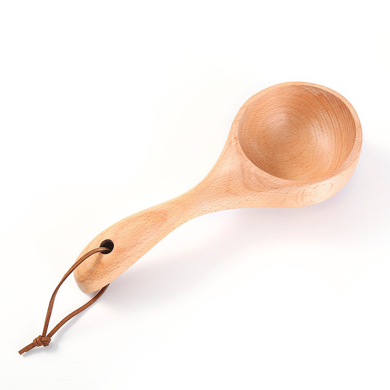 Wholesale Large round Wooden Soup Scoop with Long Handle Multipurpose Beech Natural Color Water Spoons