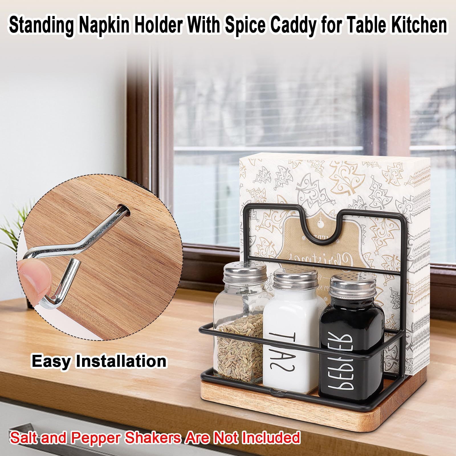 Modern Metal Napkin Holder with Salt Pepper Bottle for Dining Tables and Kitchen Countertops Storage Rack