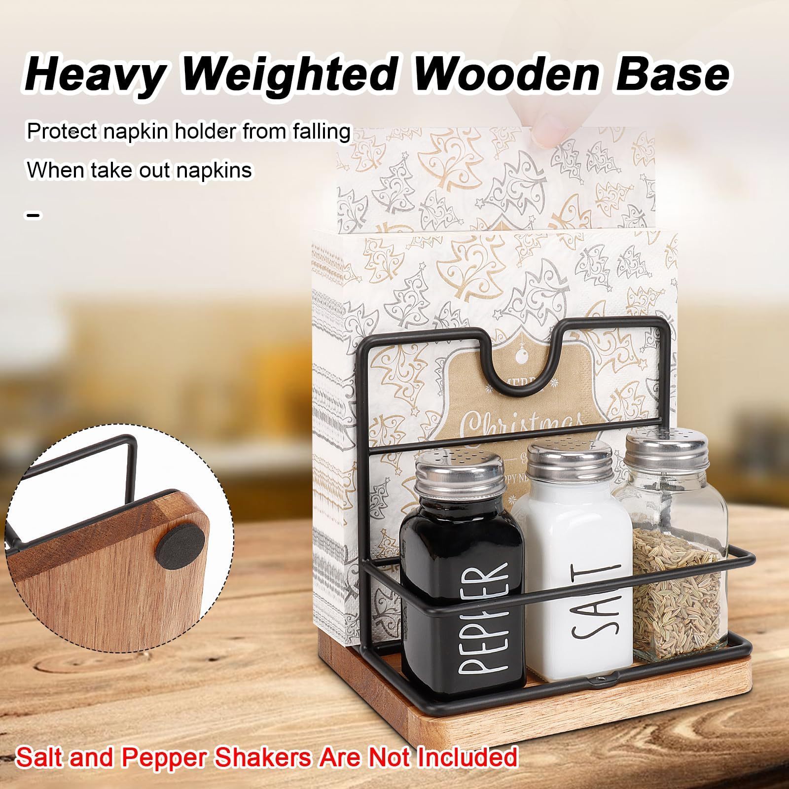 Modern Metal Napkin Holder with Salt Pepper Bottle for Dining Tables and Kitchen Countertops Storage Rack