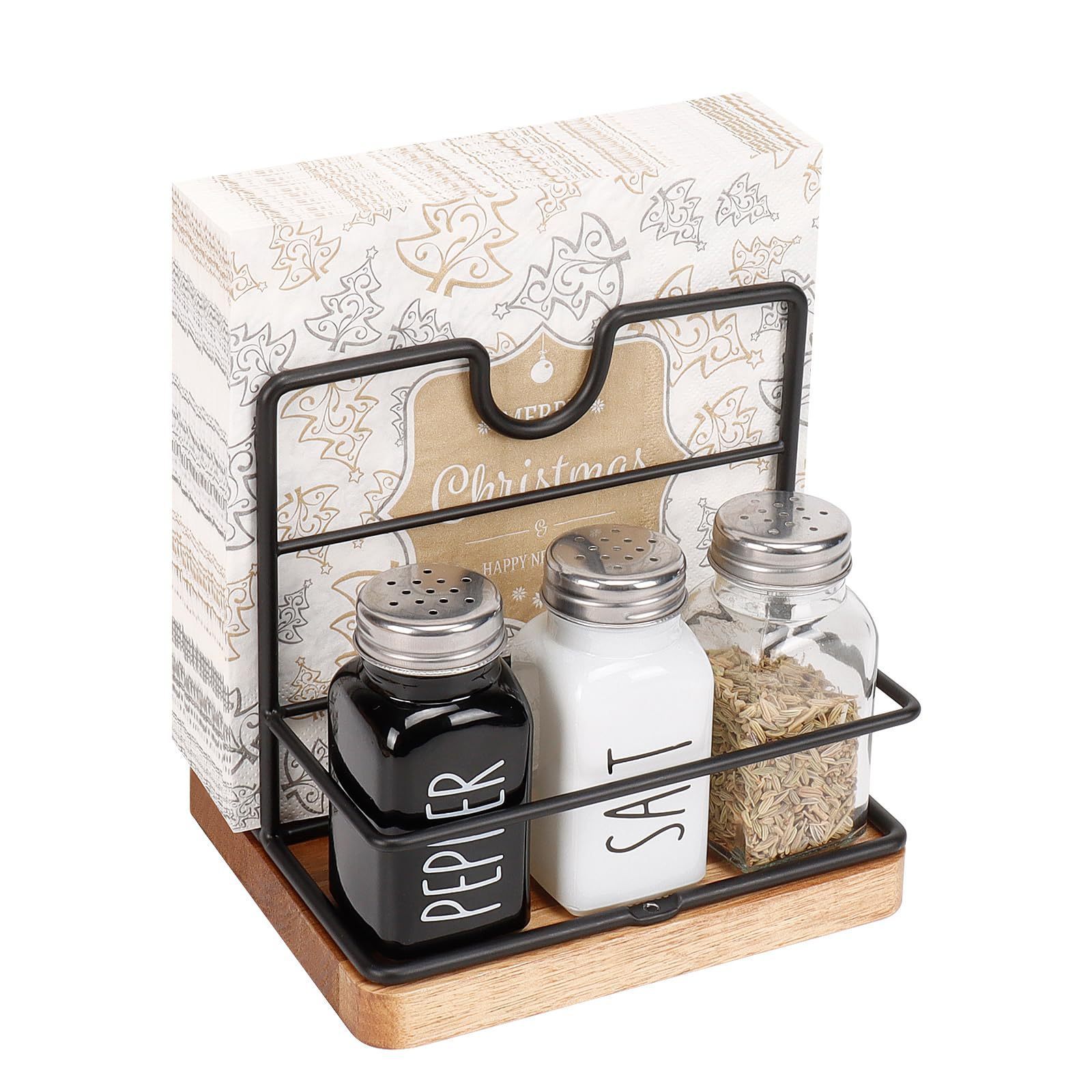 Modern Metal Napkin Holder with Salt Pepper Bottle for Dining Tables and Kitchen Countertops Storage Rack