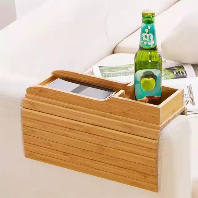 Portable Foldable Wooden Sofa Armrest Tray Table Bamboo Couch Cup Holder with Storage Tray Targeted for Comfort Organization