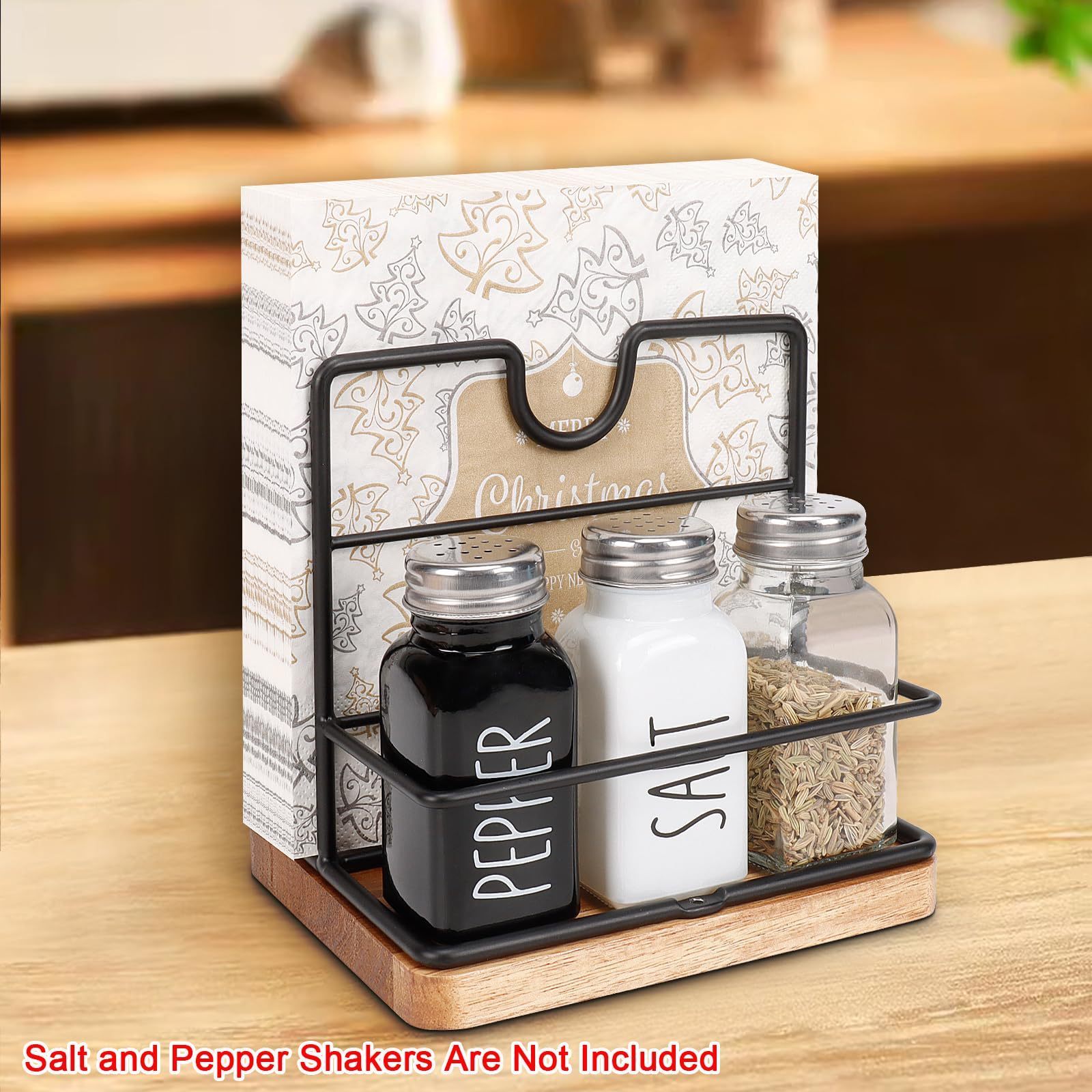 Modern Metal Napkin Holder with Salt Pepper Bottle for Dining Tables and Kitchen Countertops Storage Rack