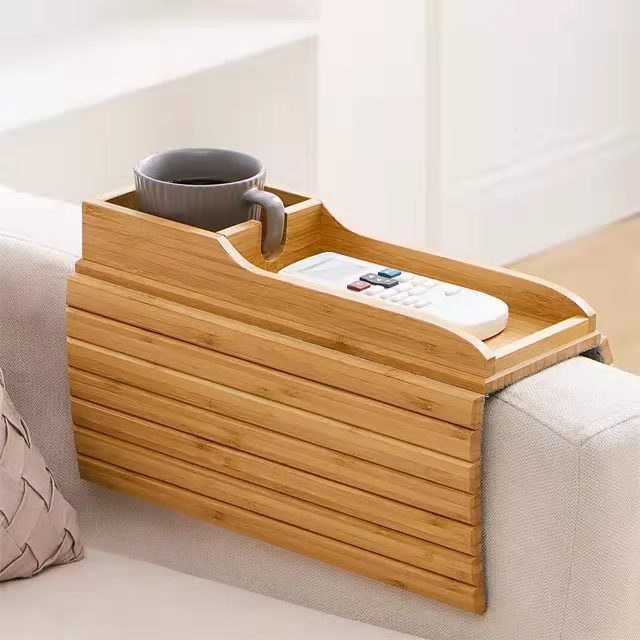 Portable Foldable Wooden Sofa Armrest Tray Table Bamboo Couch Cup Holder with Storage Tray Targeted for Comfort Organization