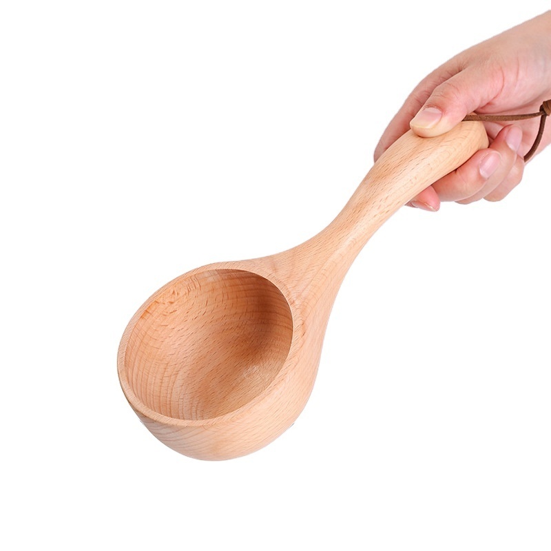 Wholesale Large round Wooden Soup Scoop with Long Handle Multipurpose Beech Natural Color Water Spoons