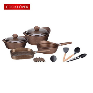 High quality 16 piece cast aluminum marble non-stick copper color cookware sets kitchen spanish pot/fry pan