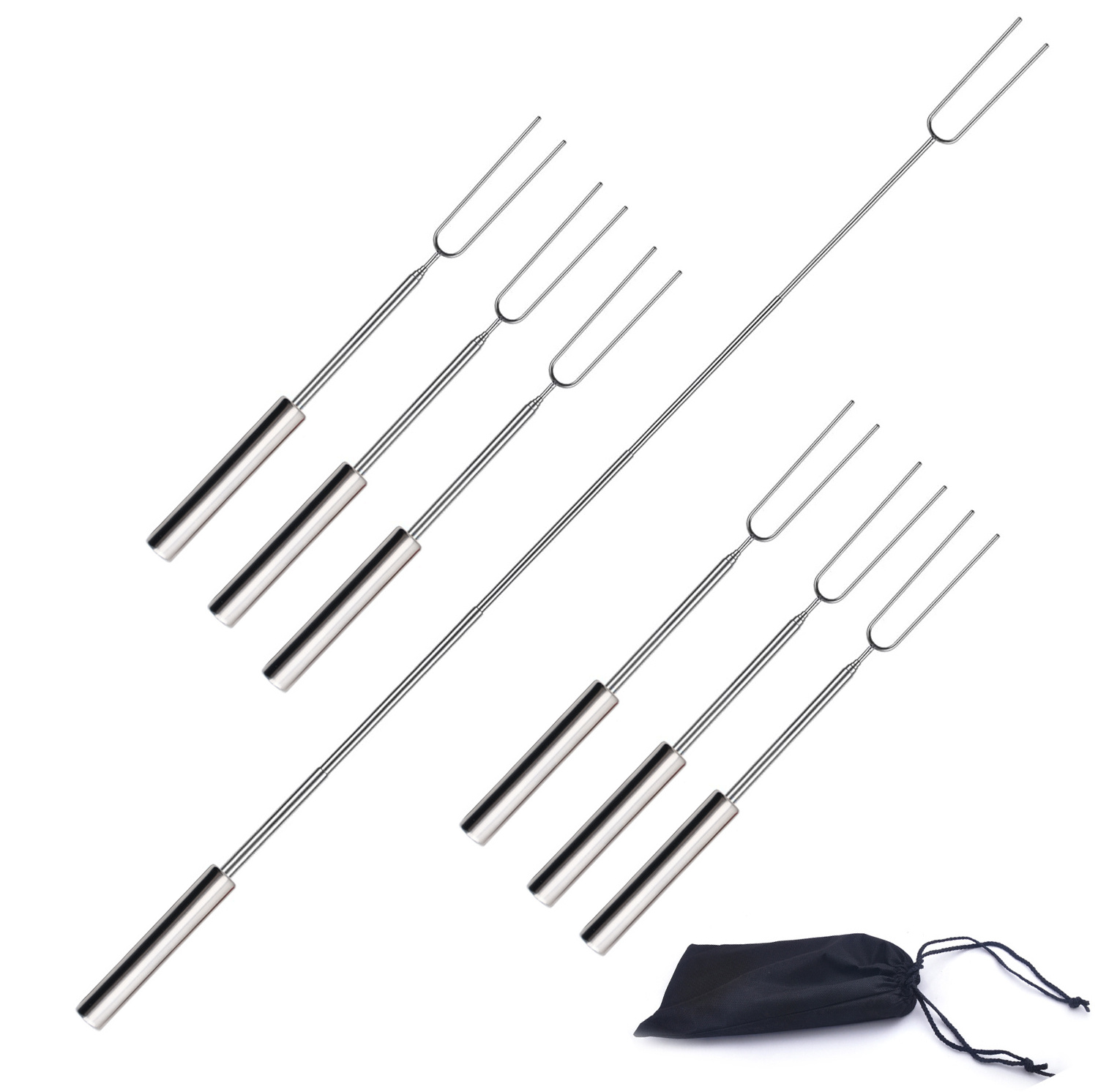 2024NEW 6Pcs Extendable Bbq Fork Barbecue Stick Camping Skewer Stainless Steel Marshmallow Roasting Sticks Set with S/S Handle