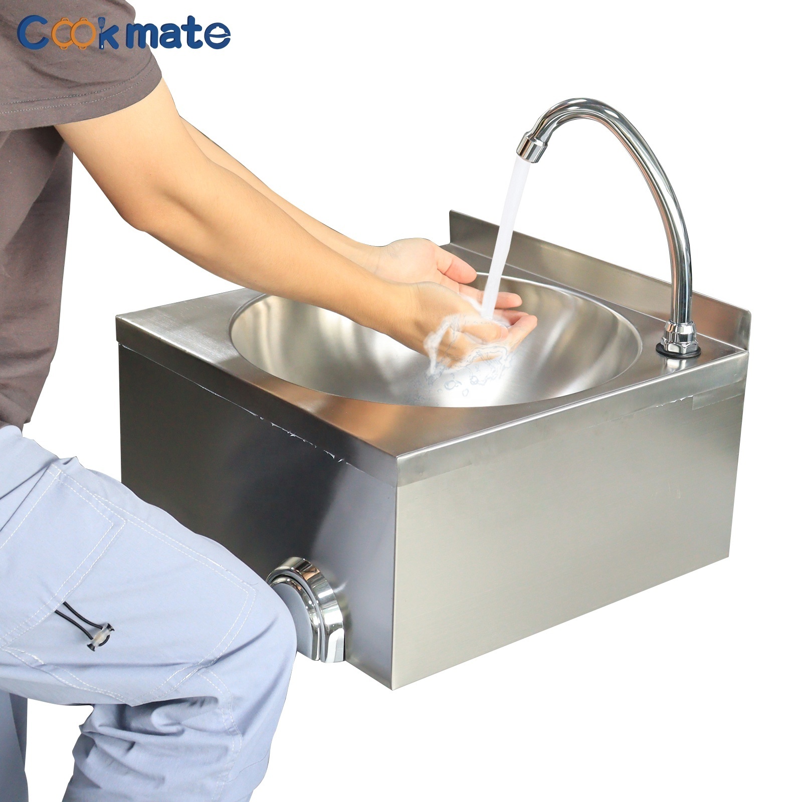 COOKAMTE Stainless Steel 304 Commercial Knee Operated  Hand Washing Sink for Bathroom Countertop