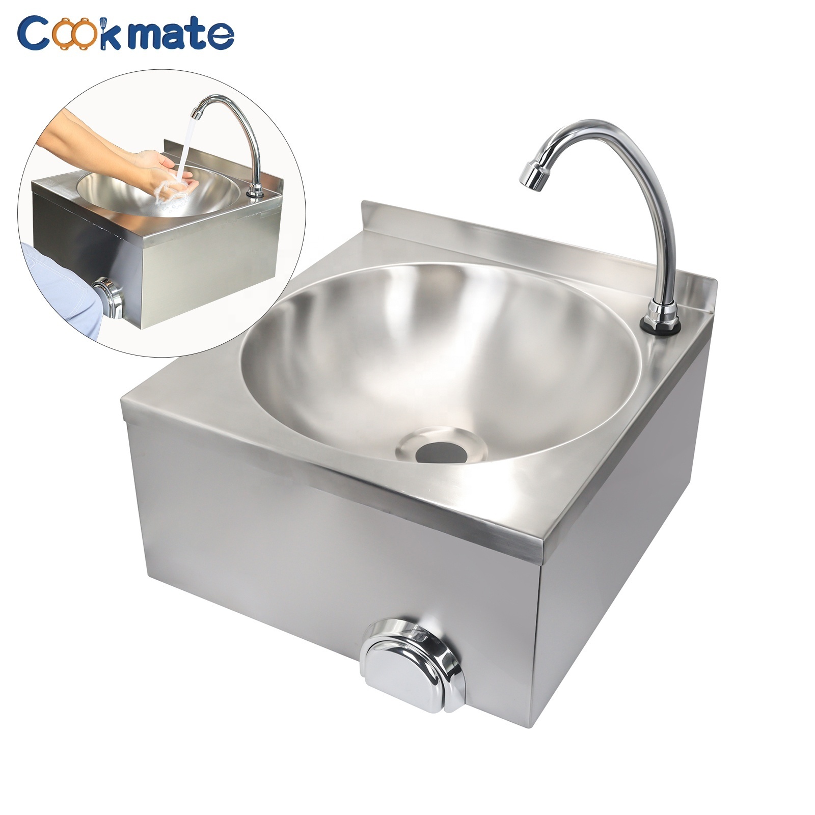 COOKAMTE Stainless Steel 304 Commercial Knee Operated  Hand Washing Sink for Bathroom Countertop