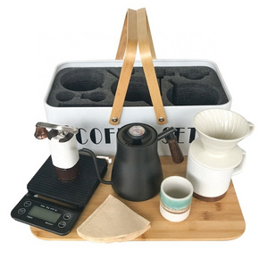 Stock White Metal Box Wooden Handle 850 ML Kettle with Thermometer V60 Ceramics Manual Coffee  Set